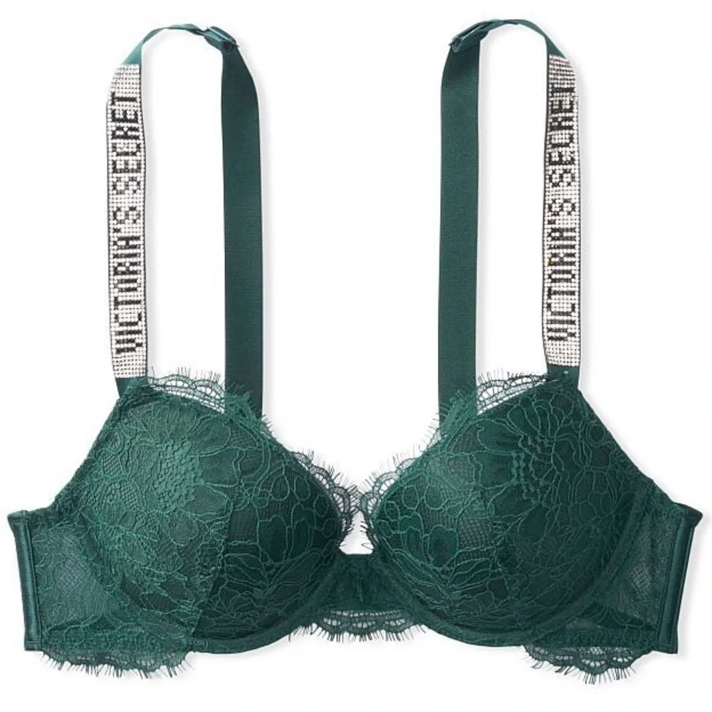 Victorias Secret Very Sexy Lace Shine Strap Push-Up Bra in Forest Green 34DD New - Picture 1 of 9